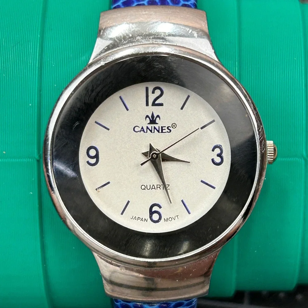 Cannes BG-1241 Womens Watch Blue Faux‎ Snakeskin Cuff Bangle Silver Tone